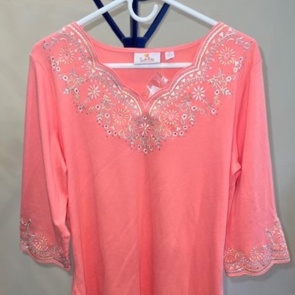 Quacker Factory 3/4 Sleeve Embroidered Shirt. Peachy Pink Color. Size Medium - Picture 1 of 1